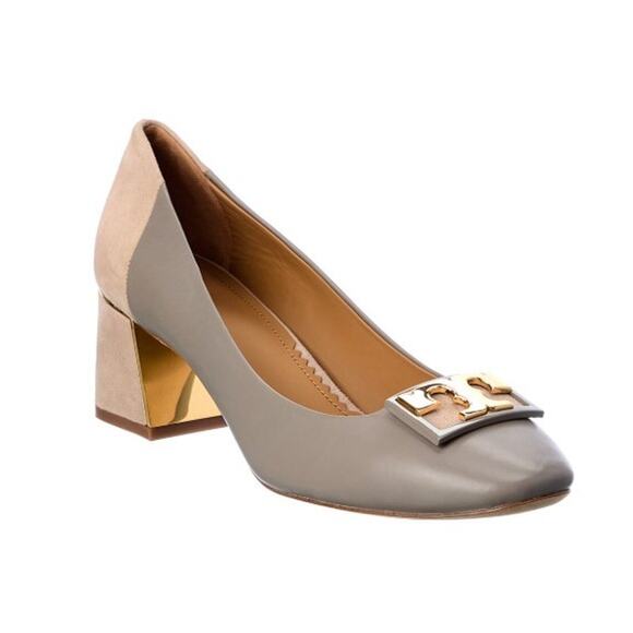 Tory Burch Gigi Taupe Gray Heron Leather Logo Block Heel Pump Sz. 9.5 - Picture 3 of 11